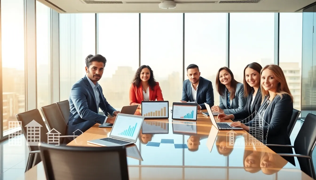 diverse team discussing rental properties in a modern office.