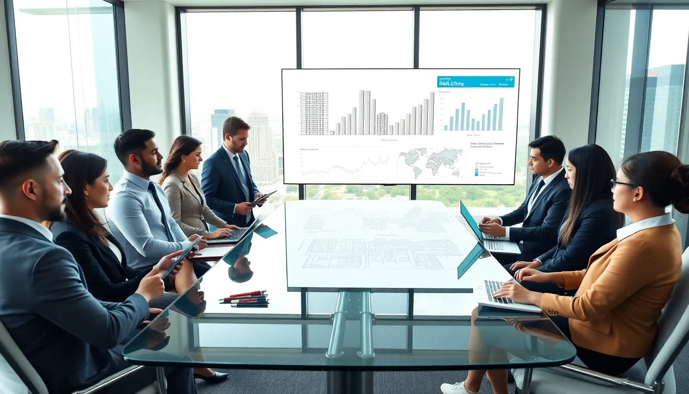 diverse group discussing real estate investments in a modern office.
