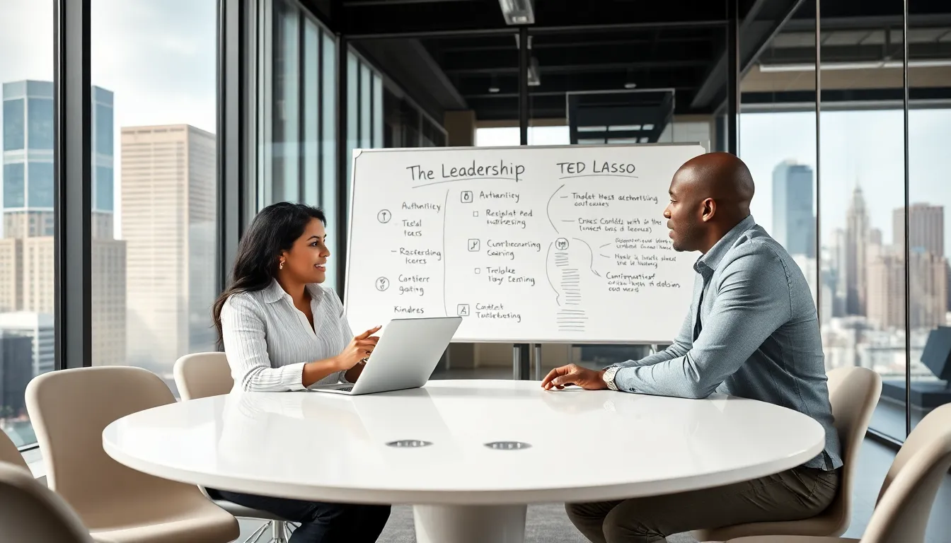 diverse professionals discussing leadership lessons in a modern office