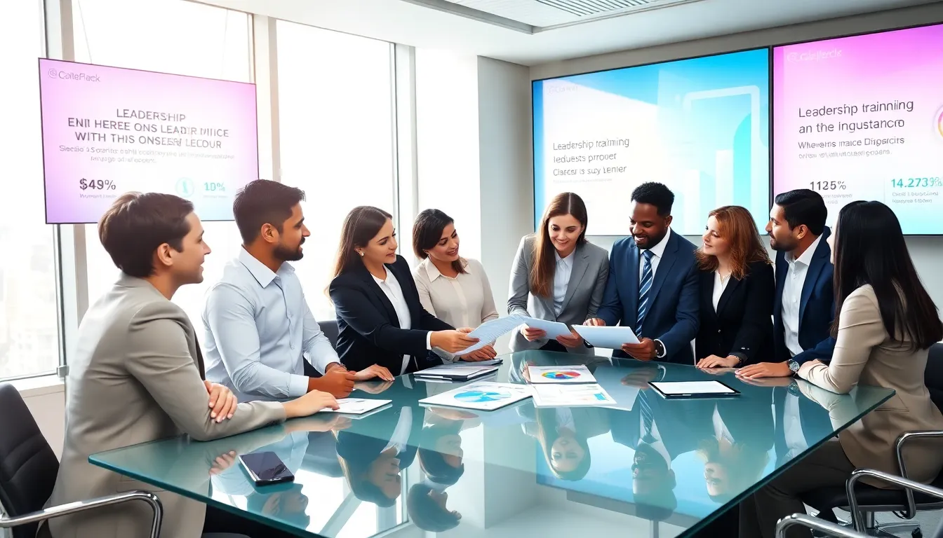 diverse professionals engaged in leadership training activities in a modern conference room.