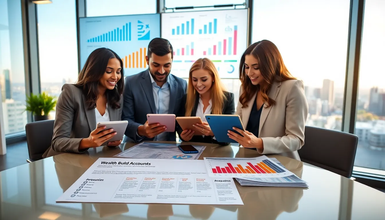 professionals discussing wealth building accounts in a modern office.
