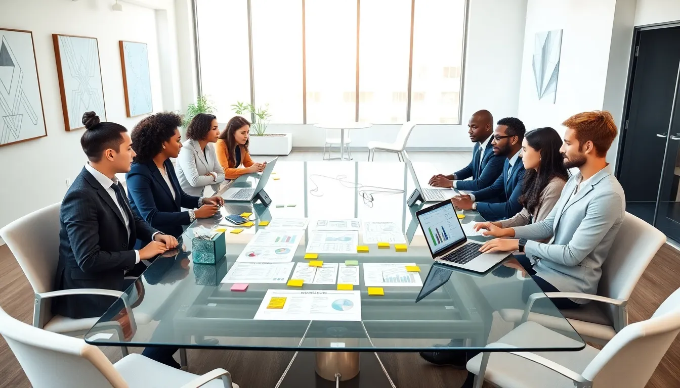 diverse team collaborating on a goal-setting session in a modern office.