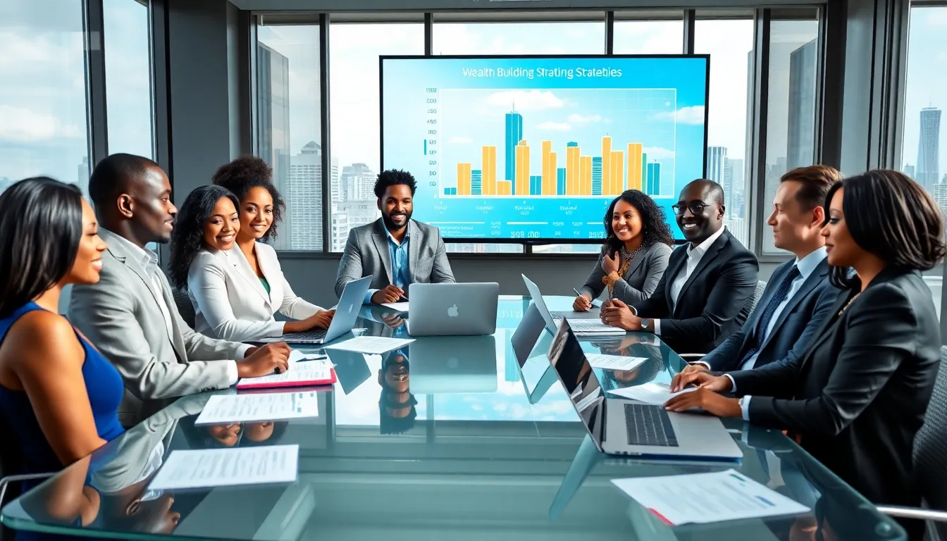 diverse professionals collaborating on wealth building strategies in a modern office.