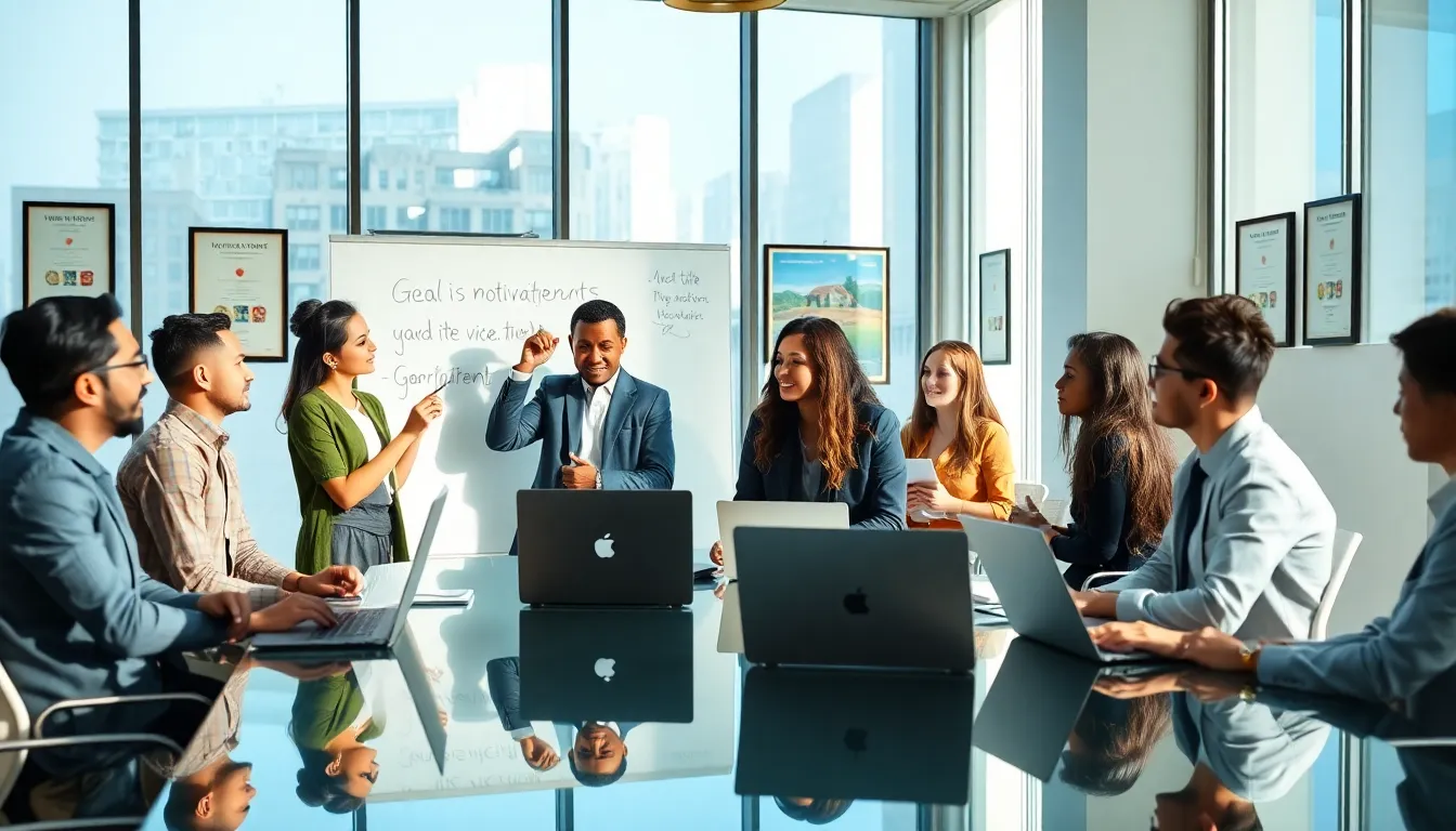 diverse team brainstorming goals in a modern office.