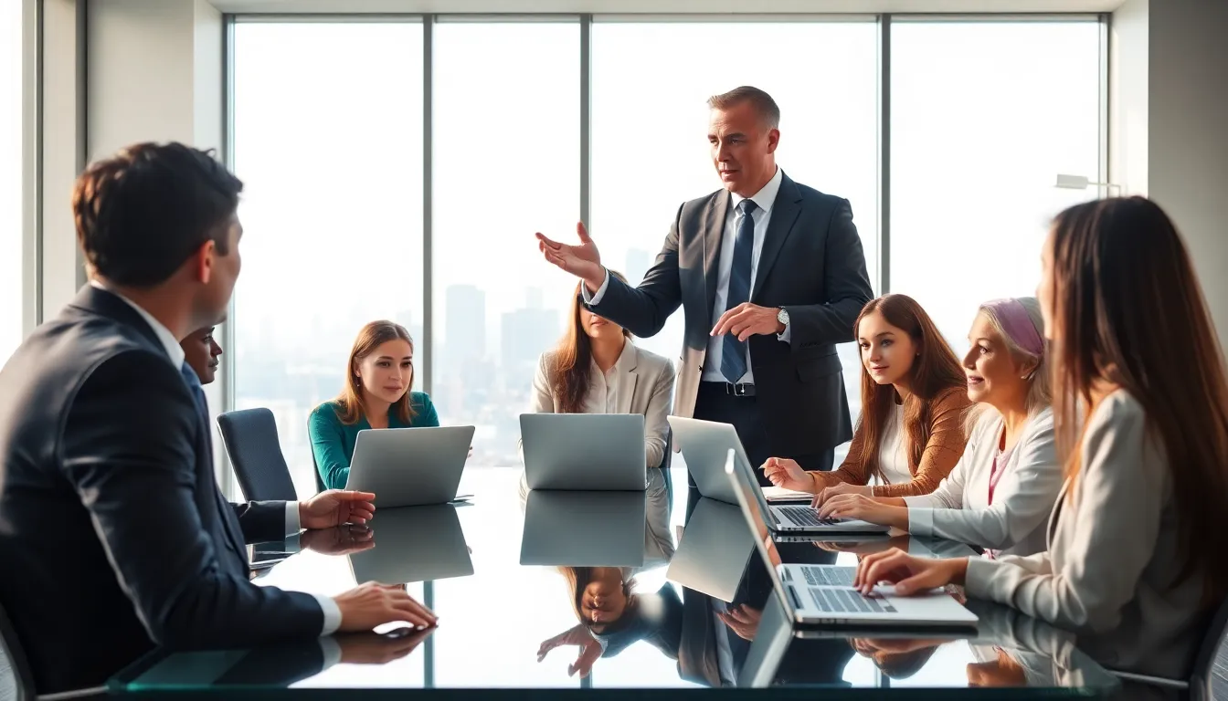 diverse team discussing leadership styles in a modern office.