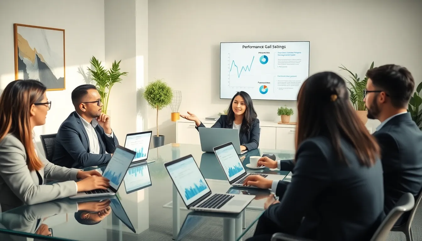 diverse team discussing performance goals in a modern office setting.