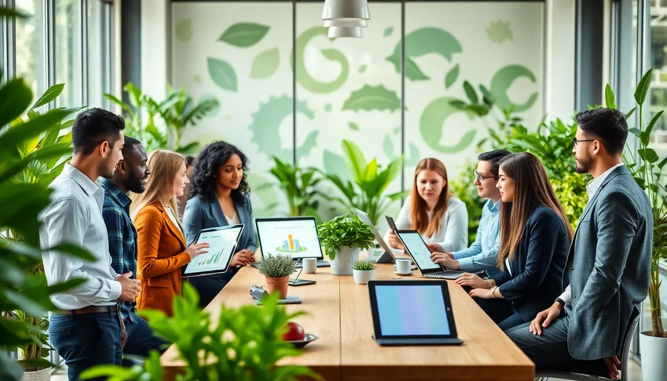 diverse team discussing sustainable living practices in a modern workspace.